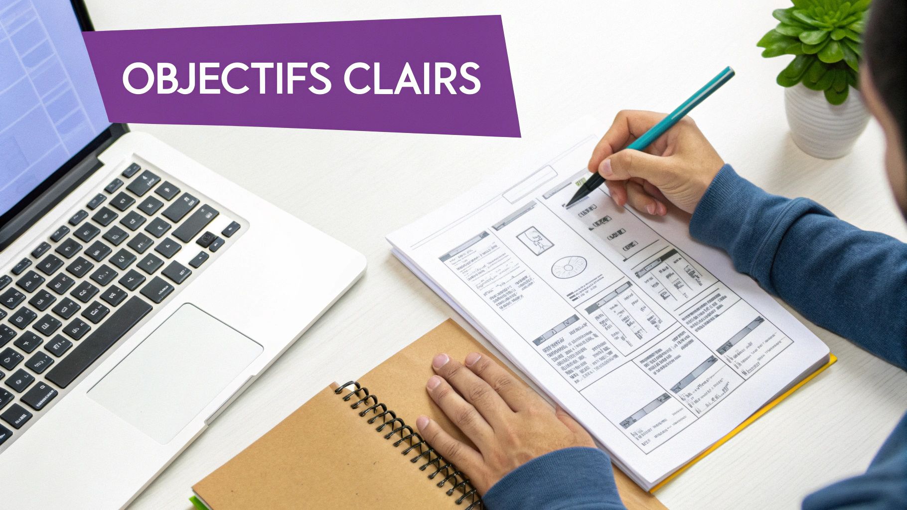 Une personne écrit sur un document avec un ordinateur portable, un carnet et une bannière 
