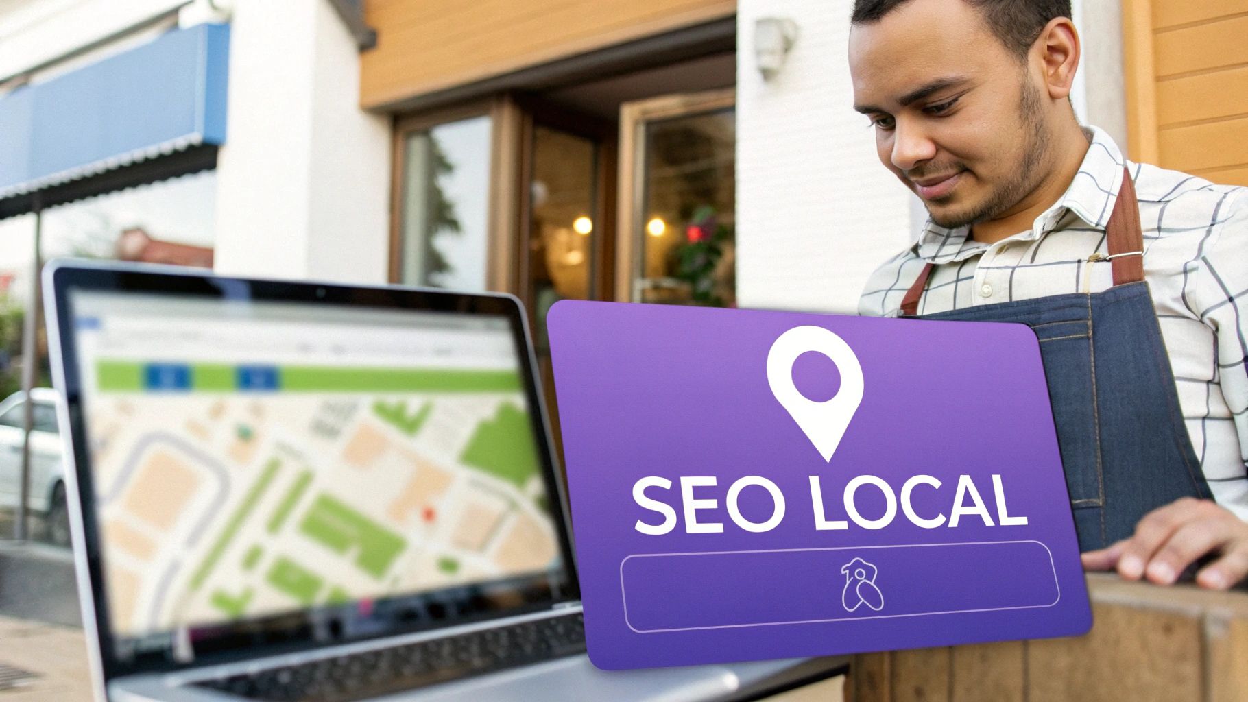 Un homme souriant en tablier tient une pancarte 