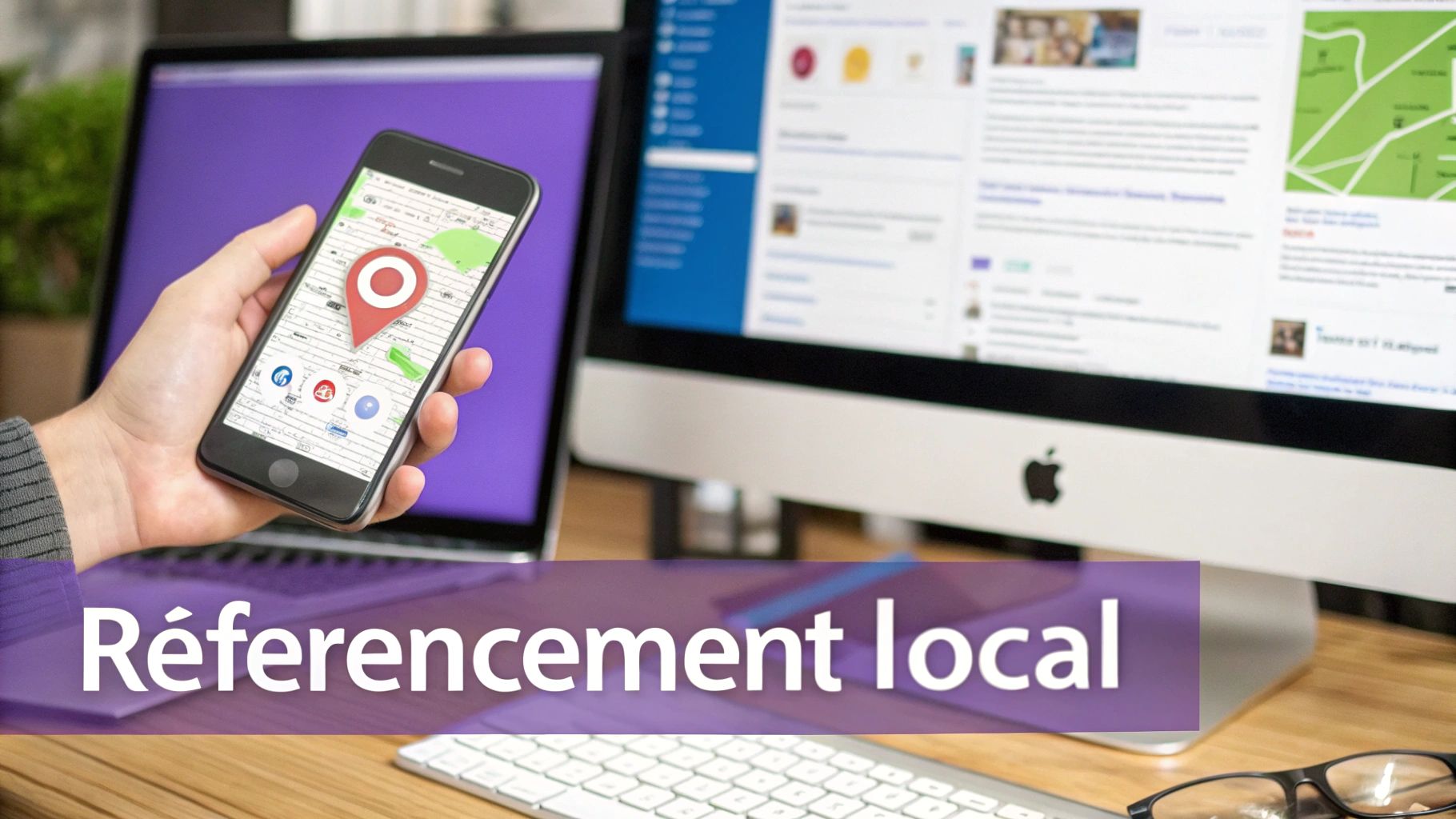 Main tenant un smartphone affichant une carte avec une épingle de localisation, symbolisant le référencement local.
