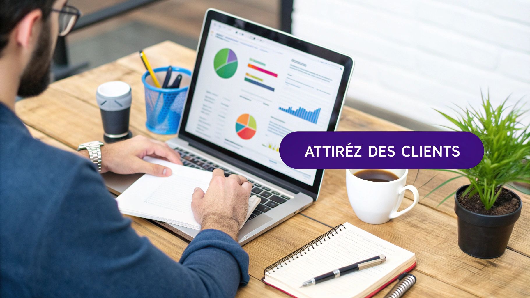Un homme travaille sur un ordinateur portable affichant des graphiques. Le texte « ATTIRÉZ DES CLIENTS » est visible.