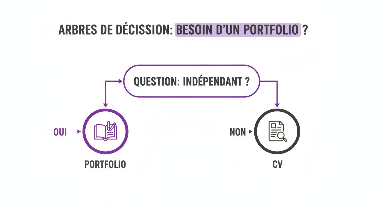 Arbre de décision simple: besoin d'un portfolio ou d'un CV selon votre statut (indépendant ou non).