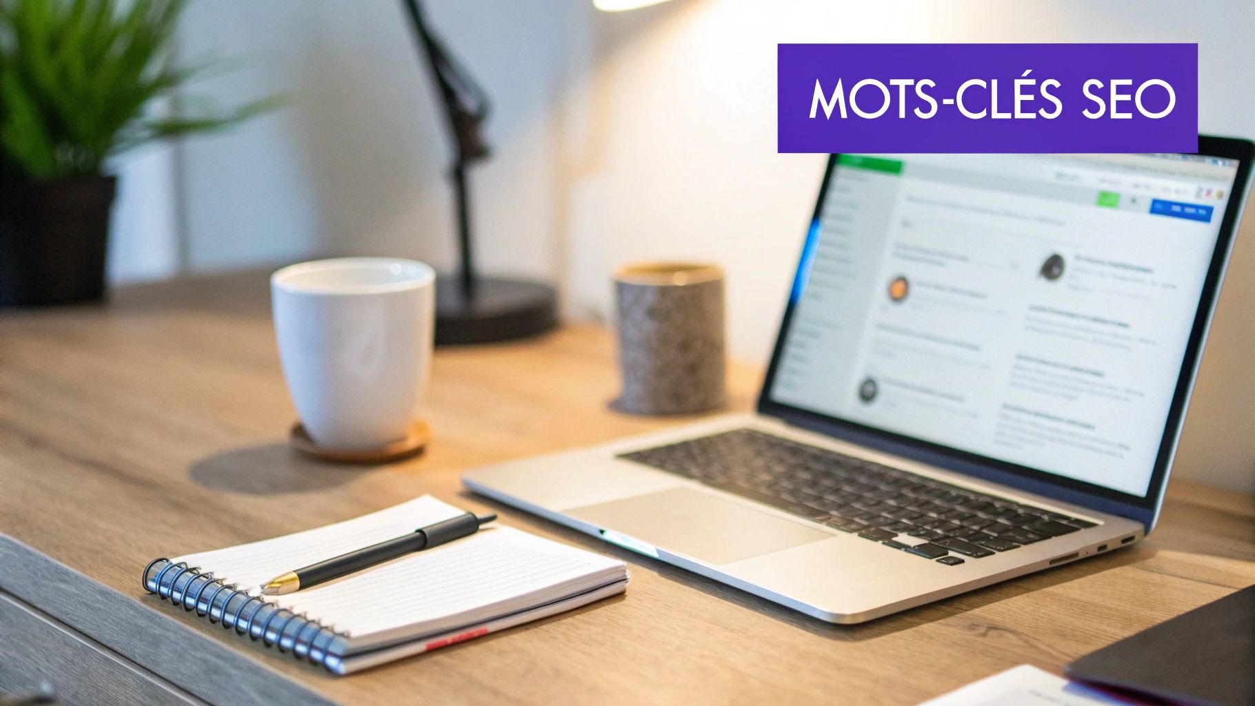 Un espace de travail organisé avec un ordinateur portable, un carnet, un stylo et une tasse, parfait pour l'optimisation SEO.
