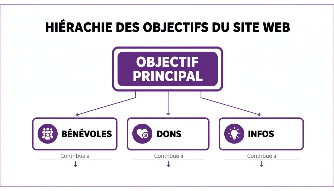 Diagramme montrant la hiérarchie des objectifs d'un site web, avec un objectif principal divisé en bénévoles, dons et informations.