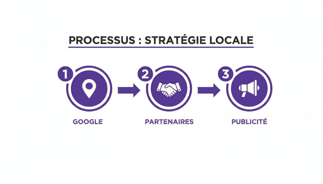 Diagramme du processus de stratégie locale en trois étapes: Google, Partenaires, Publicité.