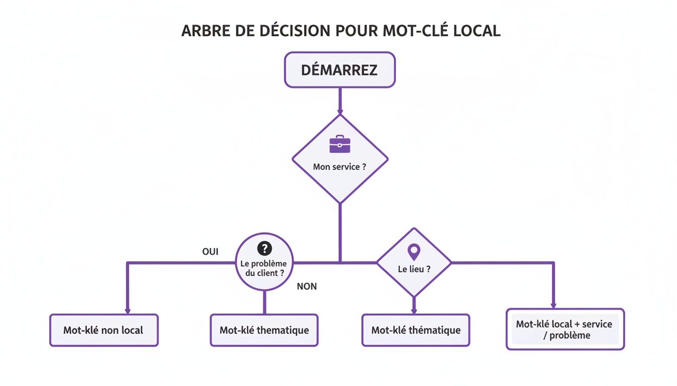 Arbre de décision pour choisir le bon mot-clé local en fonction du service, problème ou lieu.
