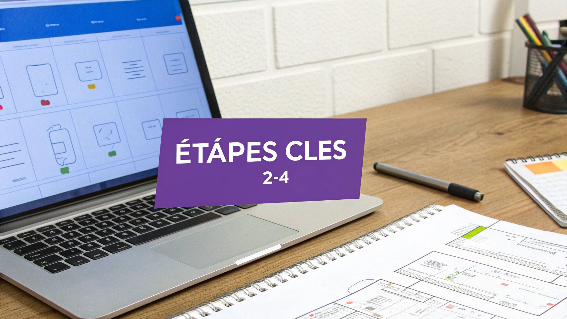 Ordinateur portable sur un bureau en bois affichant un design web, bannière 'ÉTAPES CLES 2-4', stylo et carnet.