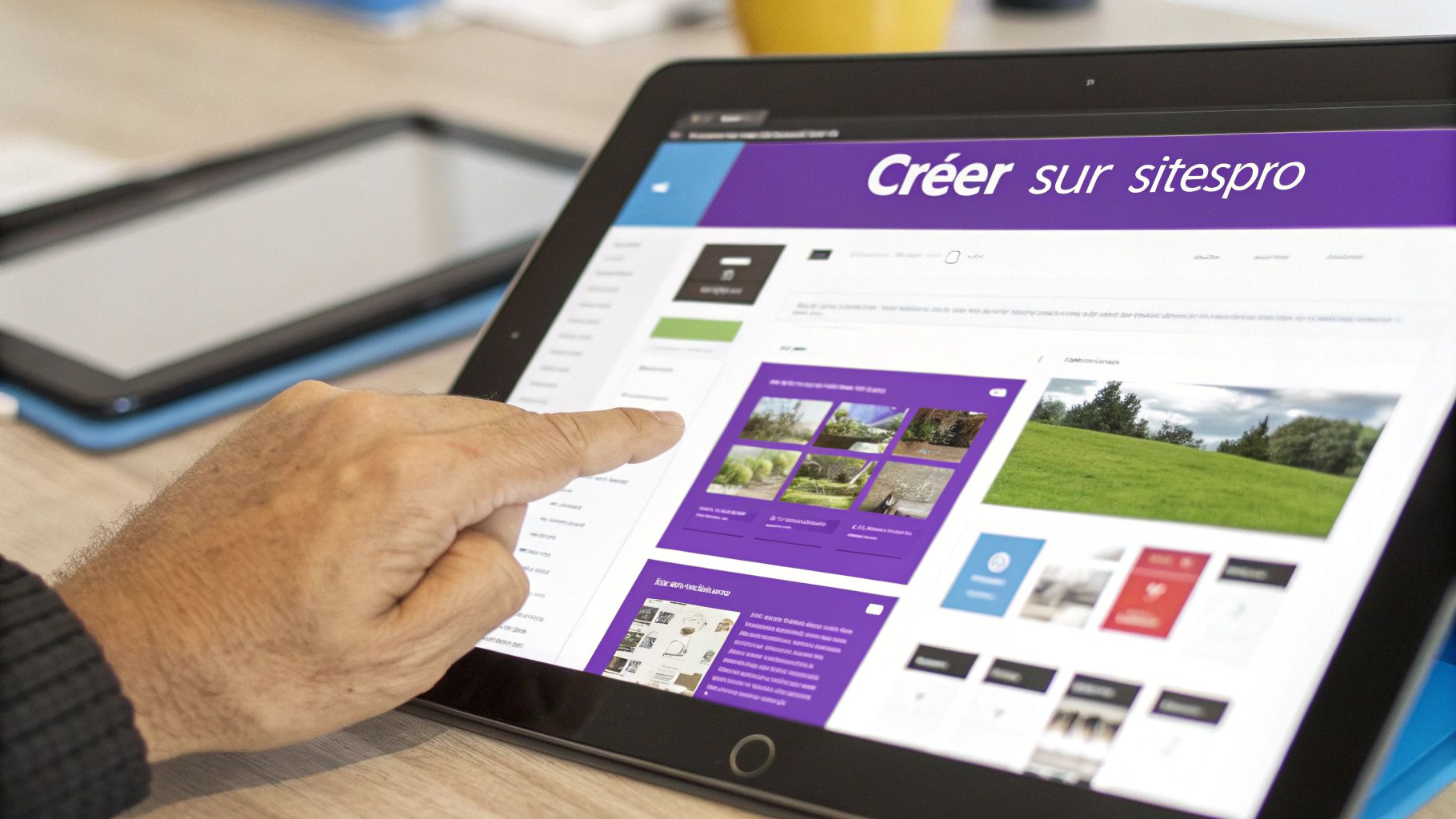 Main d'une personne utilisant une tablette affichant une interface de création de site web « Créer sur sitespro ».