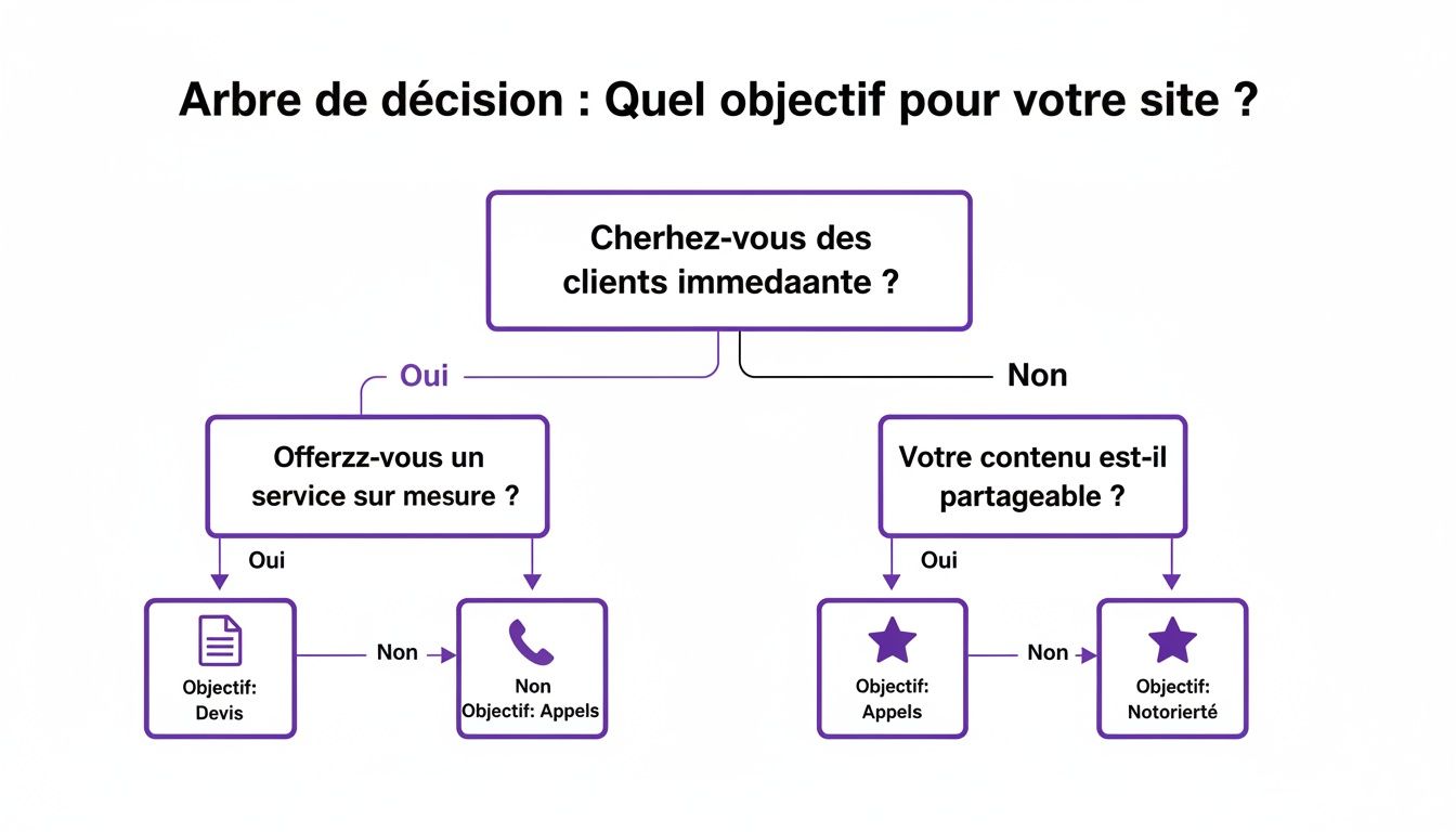 Arbre de décision pour définir les objectifs d'un site web et les actions associées.