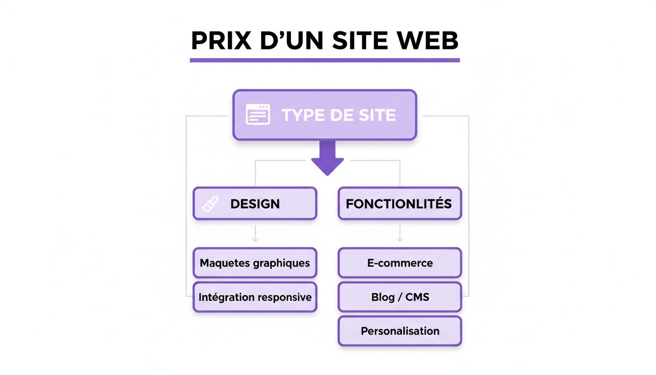 Diagramme expliquant le prix d'un site web, détaillant les facteurs comme le type de site, le design et les fonctionnalités (e-commerce, blog, personnalisation).