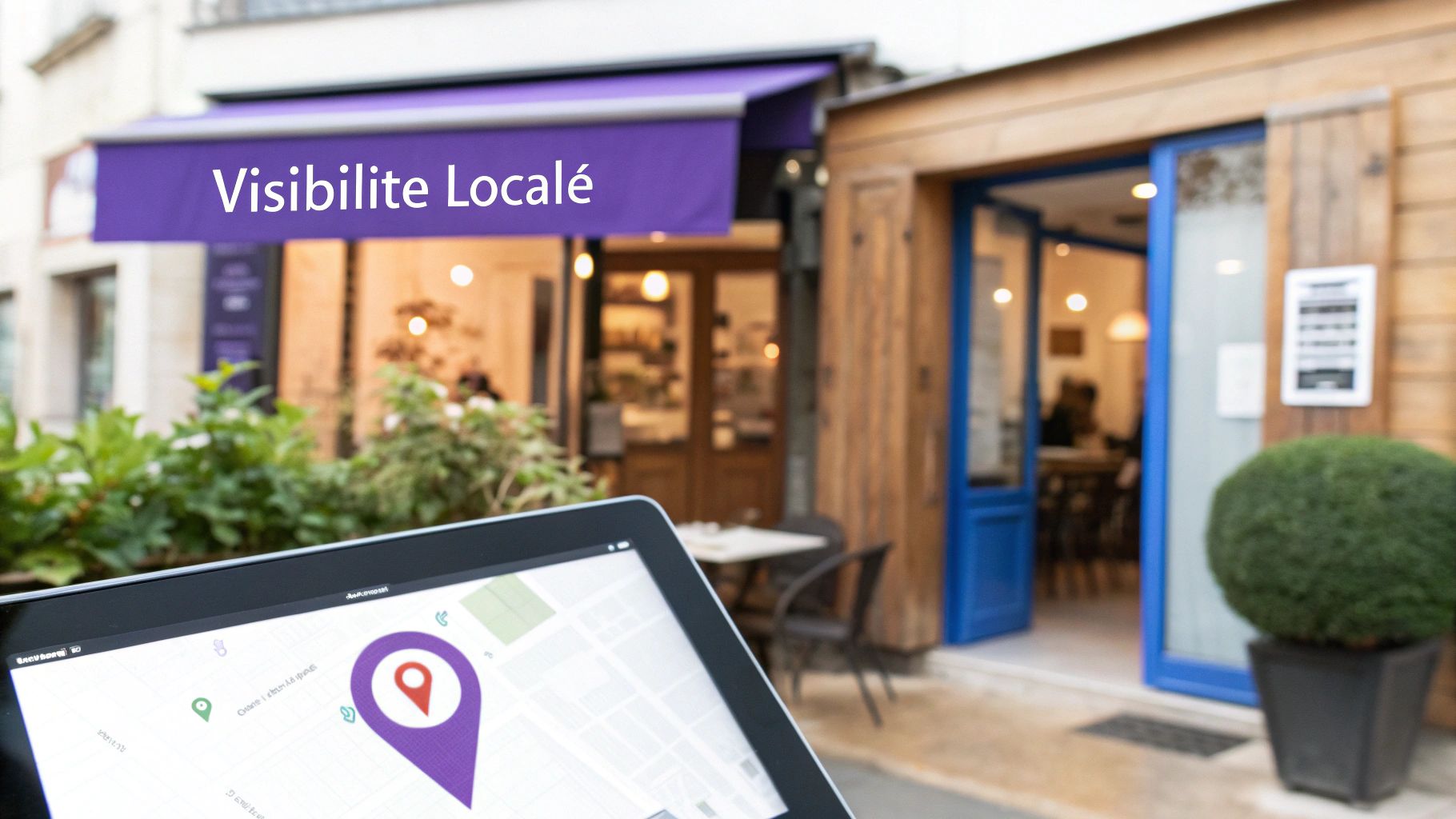 Personne utilisant une tablette affichant une carte avec épingle de localisation devant un commerce avec auvent 