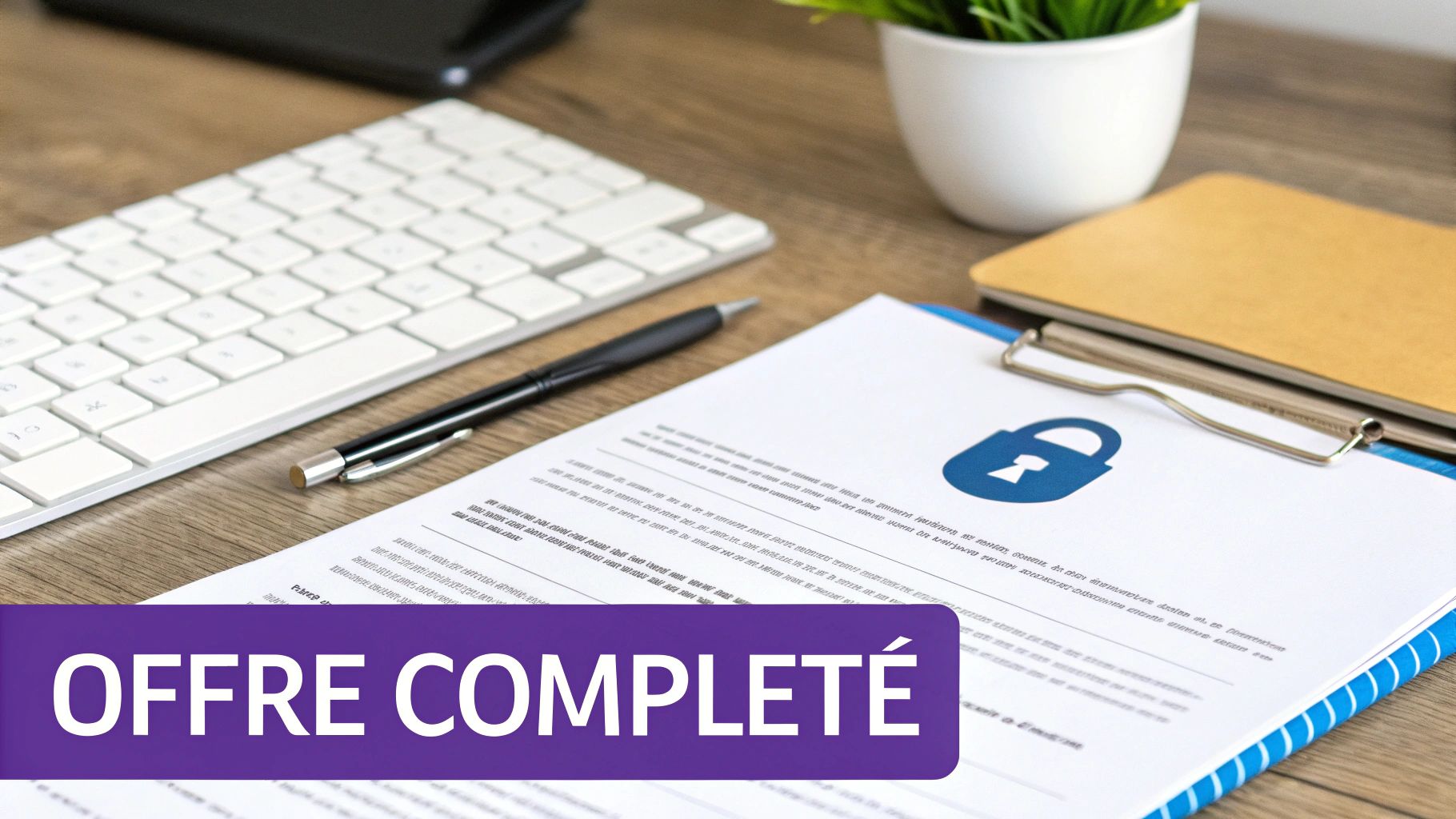 Document d'offre complète sécurisé avec icône de cadenas sur un bureau avec clavier et stylo.
