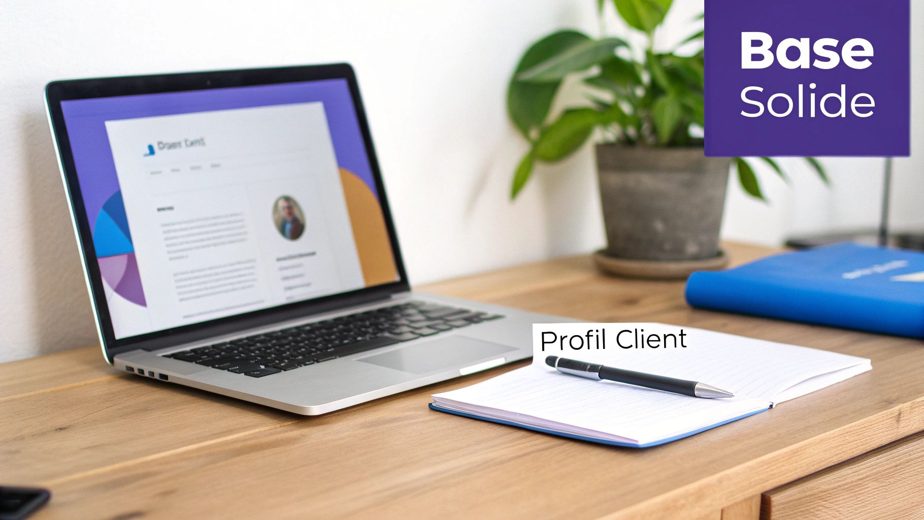 Un ordinateur portable ouvert affichant un profil client, un carnet et un stylo sur un bureau en bois.