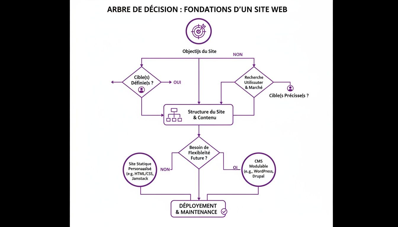 Un arbre de décision détaillé qui guide les étapes et choix fondamentaux pour la création d'un site web, de la définition des objectifs au déploiement et à la maintenance.