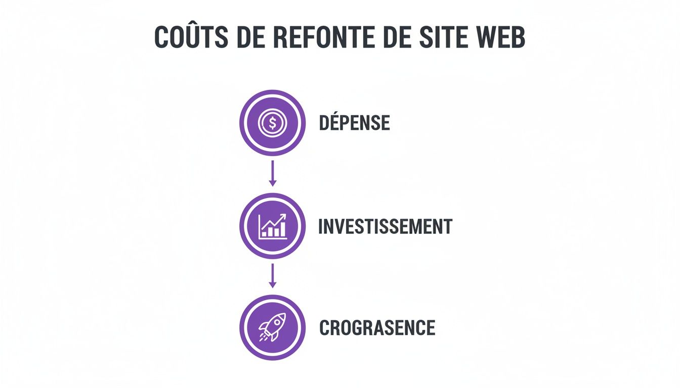 Diagramme illustrant l'évolution des coûts de refonte de site web : dépense, investissement et croissance.