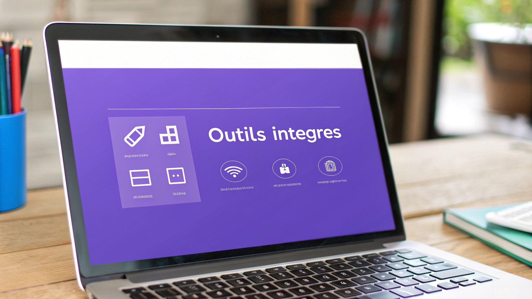 Ordinateur portable sur un bureau en bois affichant une interface logicielle violette intitulée