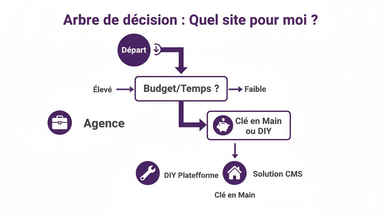 Arbre de décision pour choisir un site web: Agence, plateforme DIY ou solution CMS clé en main selon le budget et le temps.