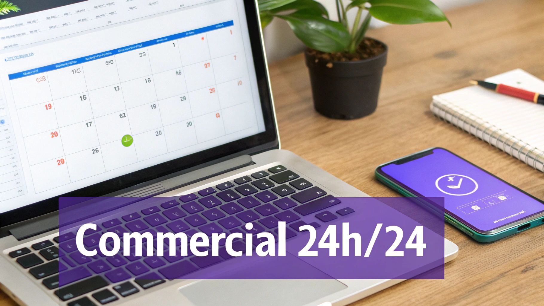 Bureau avec ordinateur portable affichant un calendrier, un smartphone et le texte « Commercial 24h/24 ».