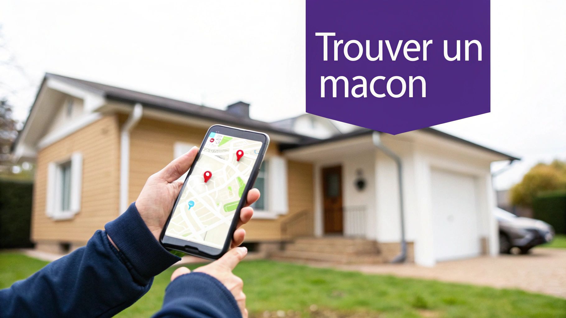 Personne utilisant un smartphone avec une carte et des repères pour trouver un maçon près d'une maison.