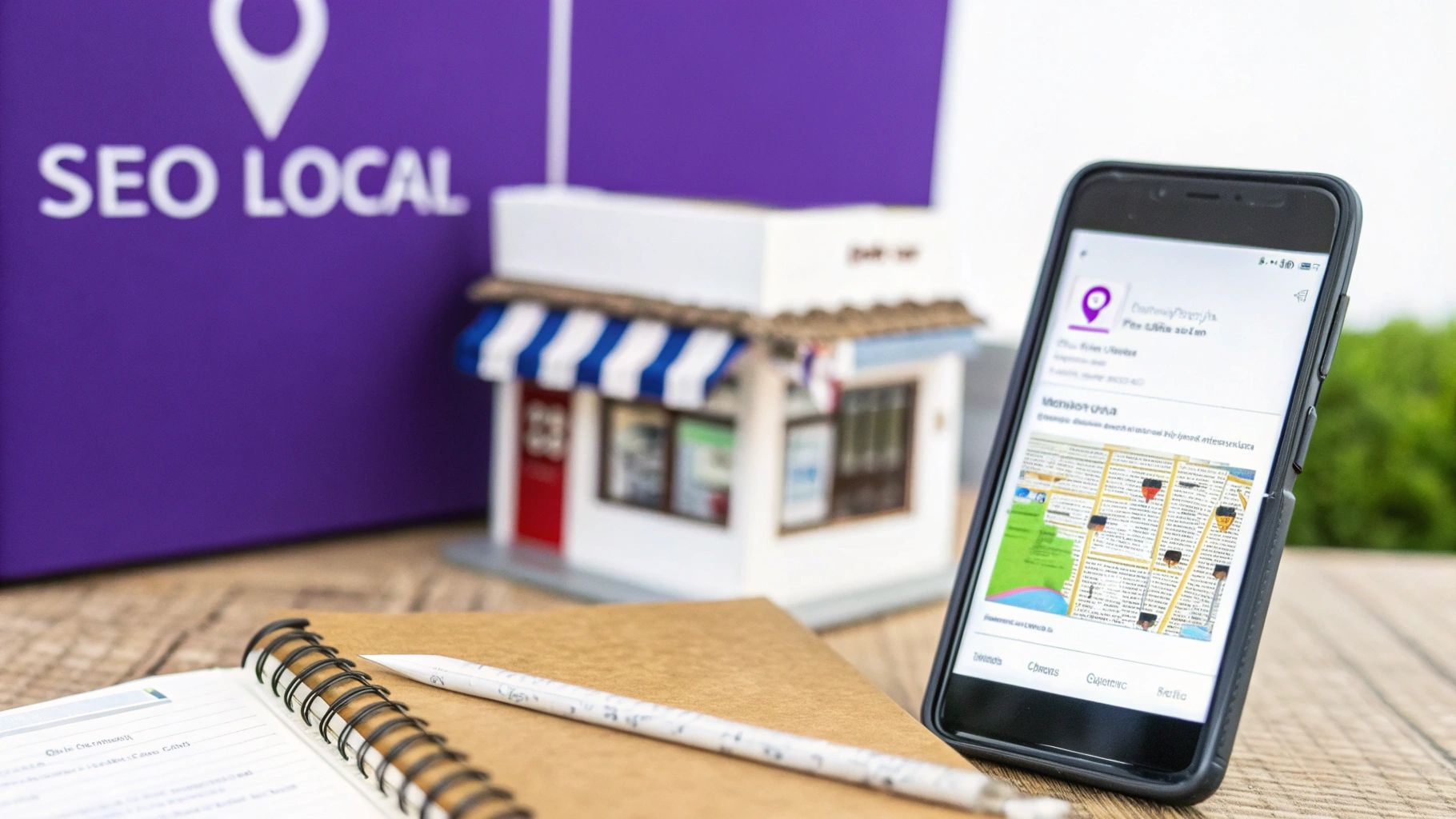Des outils pour le SEO local, avec une boutique miniature, un smartphone affichant une carte et un carnet sur bois.