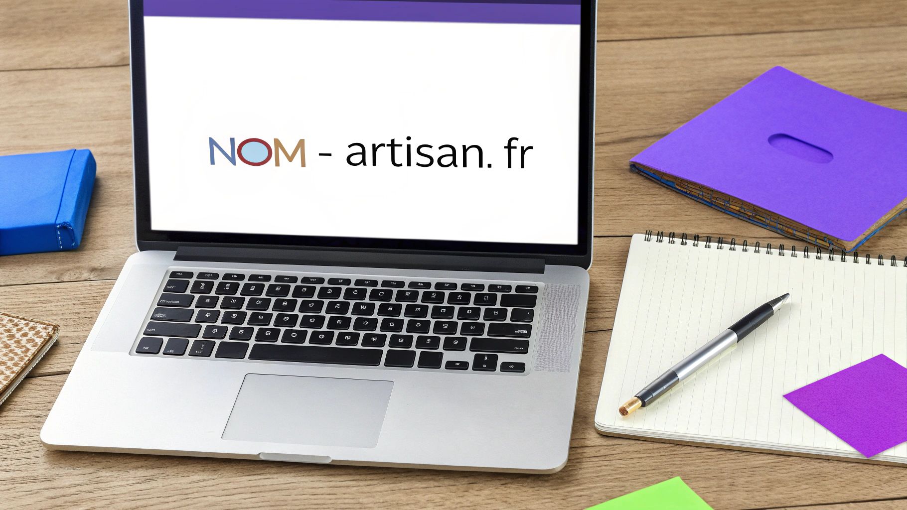 Ordinateur portable sur un bureau en bois avec le texte 