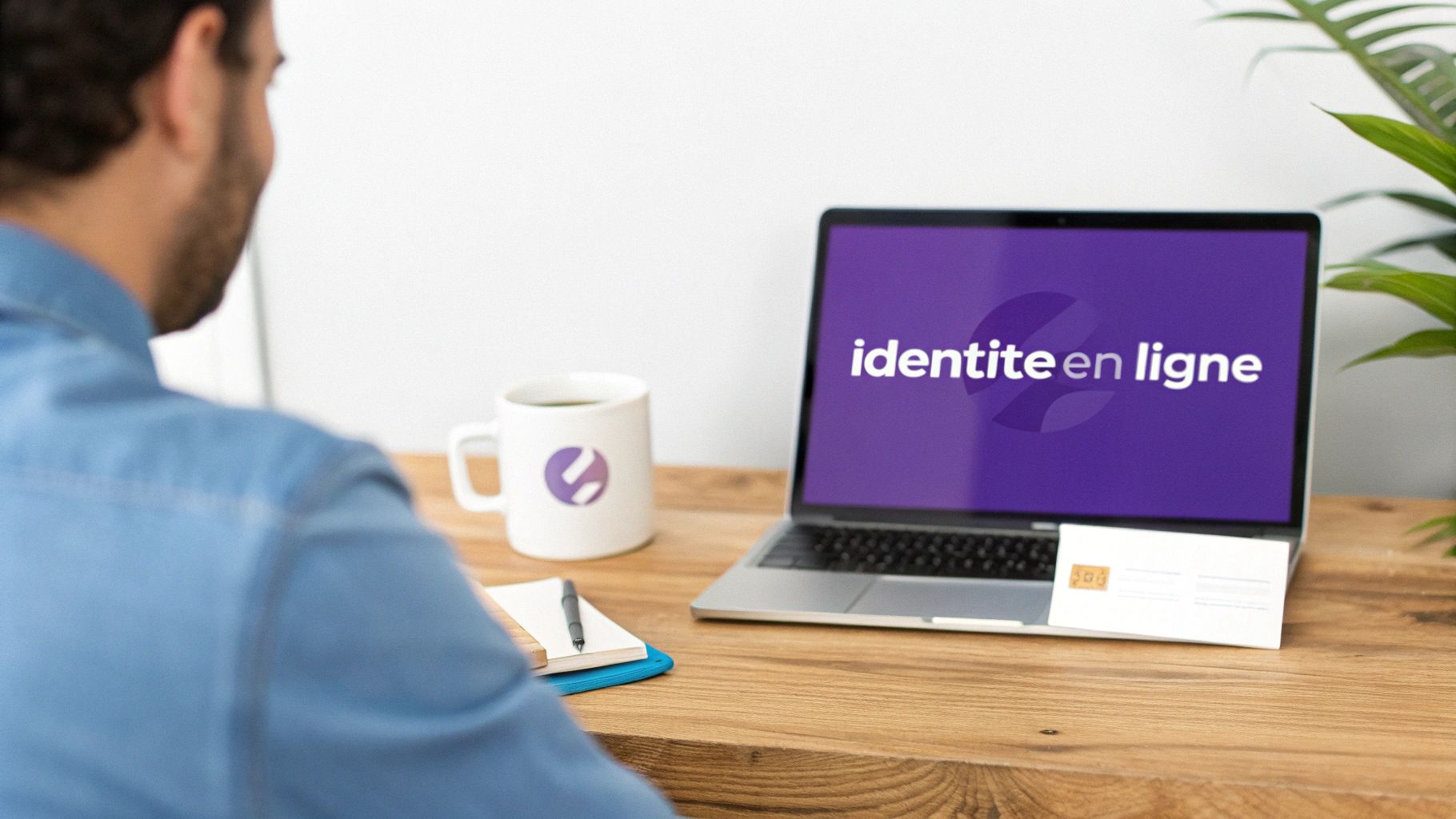 Une personne utilise un ordinateur portable affichant le service Identité en ligne, avec une tasse et un carnet sur un bureau en bois.