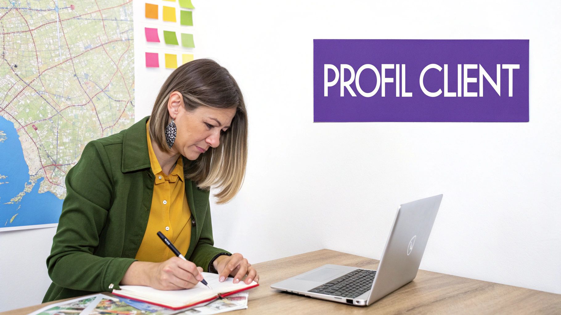 Une femme concentrée écrit dans un carnet à son bureau, avec un ordinateur portable et une carte.