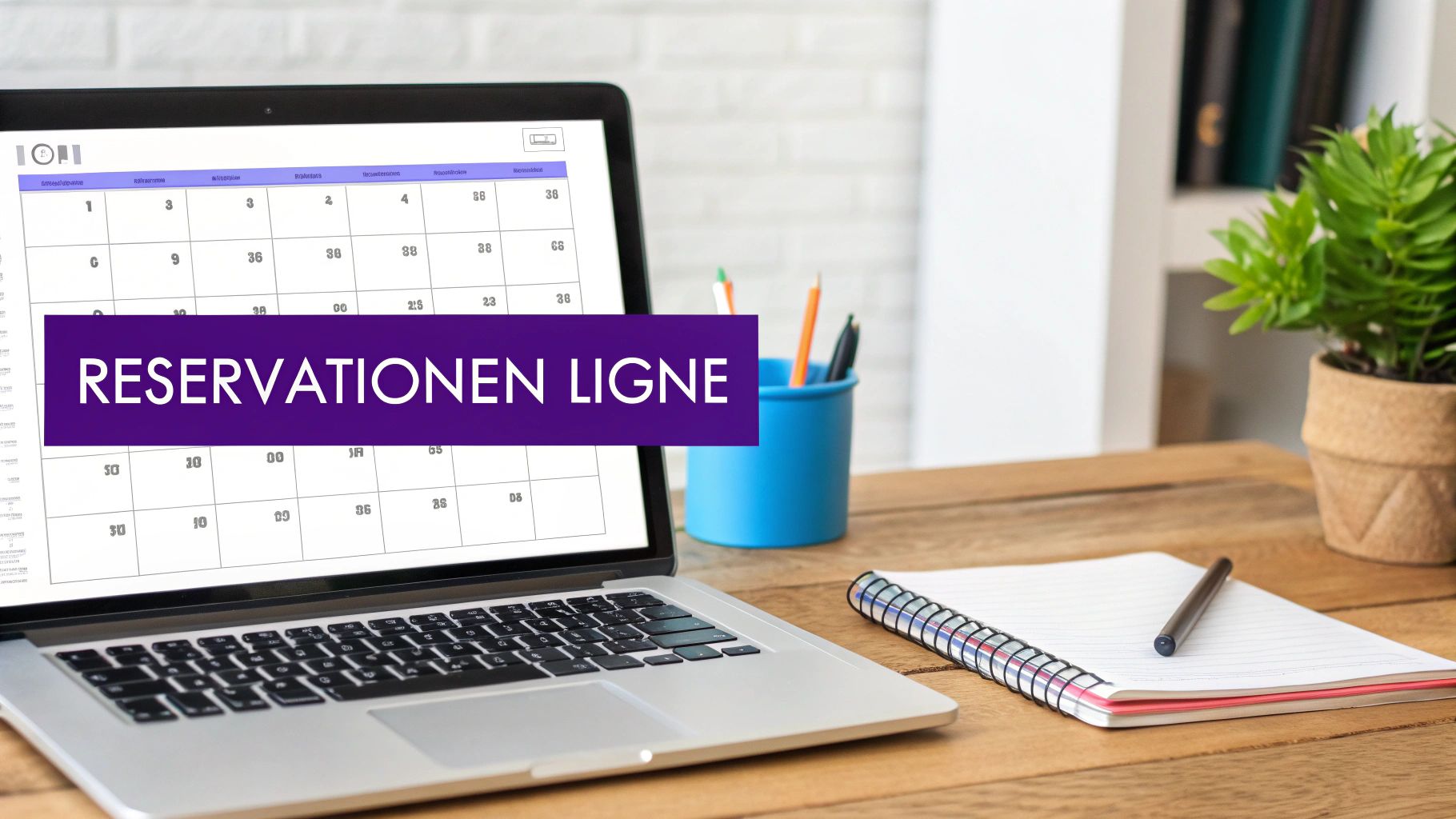 Un ordinateur portable affichant un calendrier de réservations en ligne sur un bureau en bois.