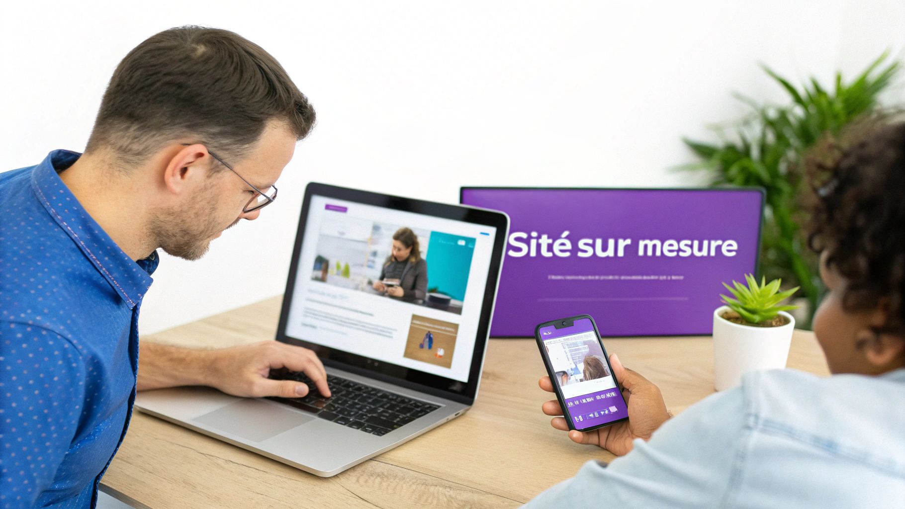 Un homme utilise un ordinateur portable et une femme tient un smartphone, avec un panneau 