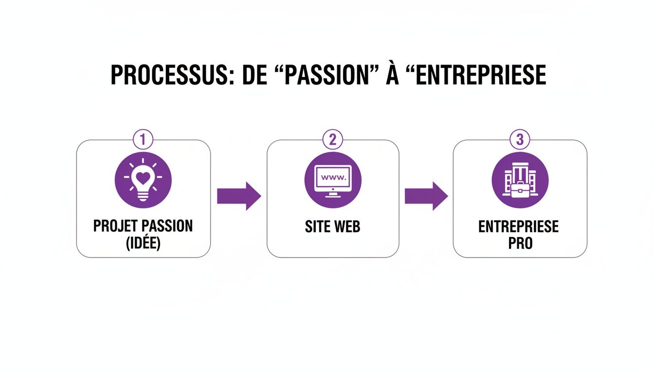 Infographie illustrant le processus de transformation d'une idée passion en entreprise professionnelle via un site web.