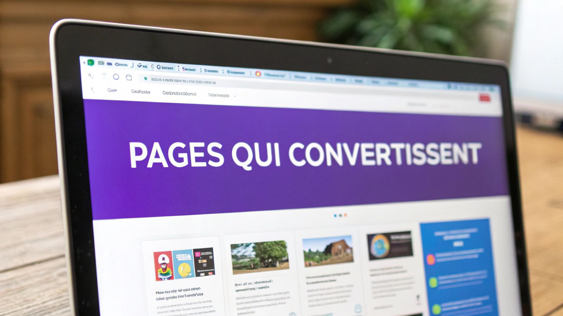 Un ordinateur portable affiche une page web avec le titre 'PAGES QUI CONVERTISSENT' et des aperçus d'articles, posé sur une table en bois.