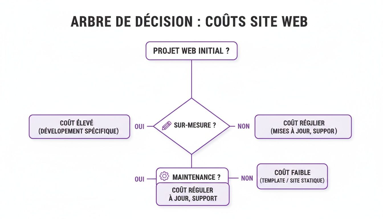 Arbre de décision pour les coûts d'un site web, différenciant projets initiaux, sur-mesure et maintenance.