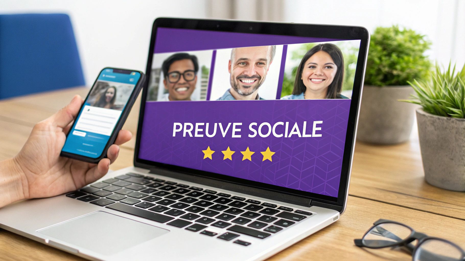 Une main tient un smartphone à côté d'un ordinateur portable affichant la bannière 'Preuve Sociale' avec des visages souriants et des étoiles.