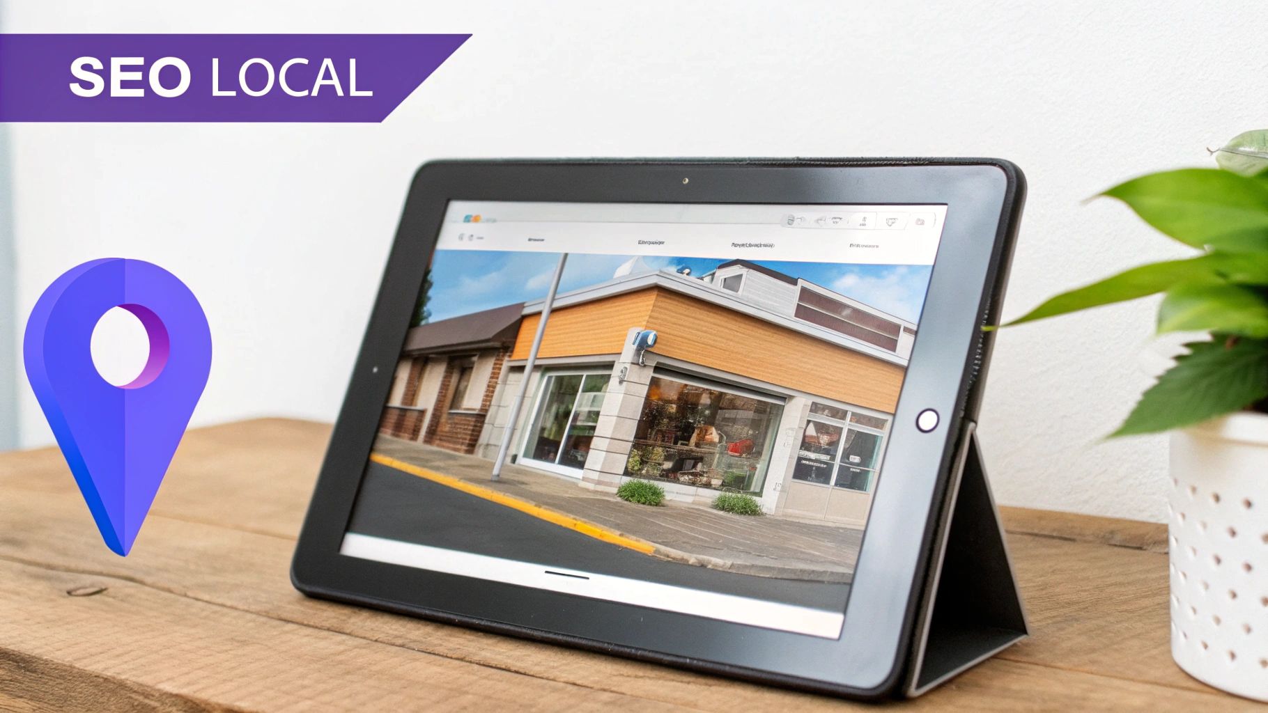Une tablette affiche la photo d'un magasin moderne, avec une épingle de localisation 3D et une bannière 'SEO LOCAL'.