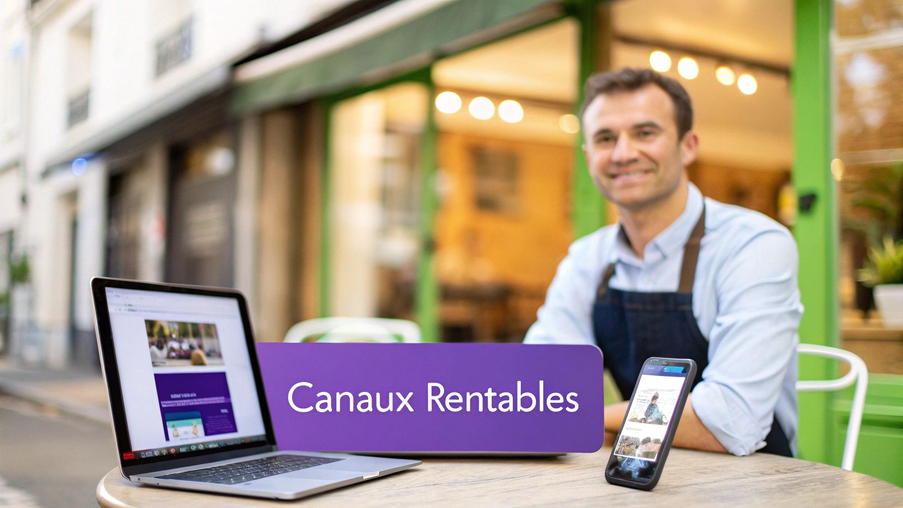 Un entrepreneur souriant avec un tablier utilise un ordinateur portable et un smartphone, affichant 'Canaux Rentables'.
