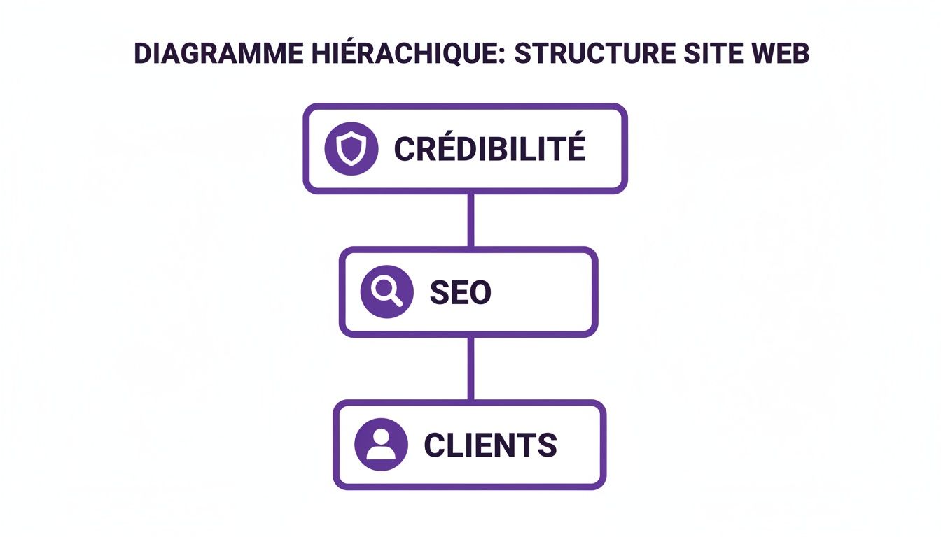 Diagramme hiérarchique illustrant la structure d'un site web, avec la crédibilité, le SEO et les clients.