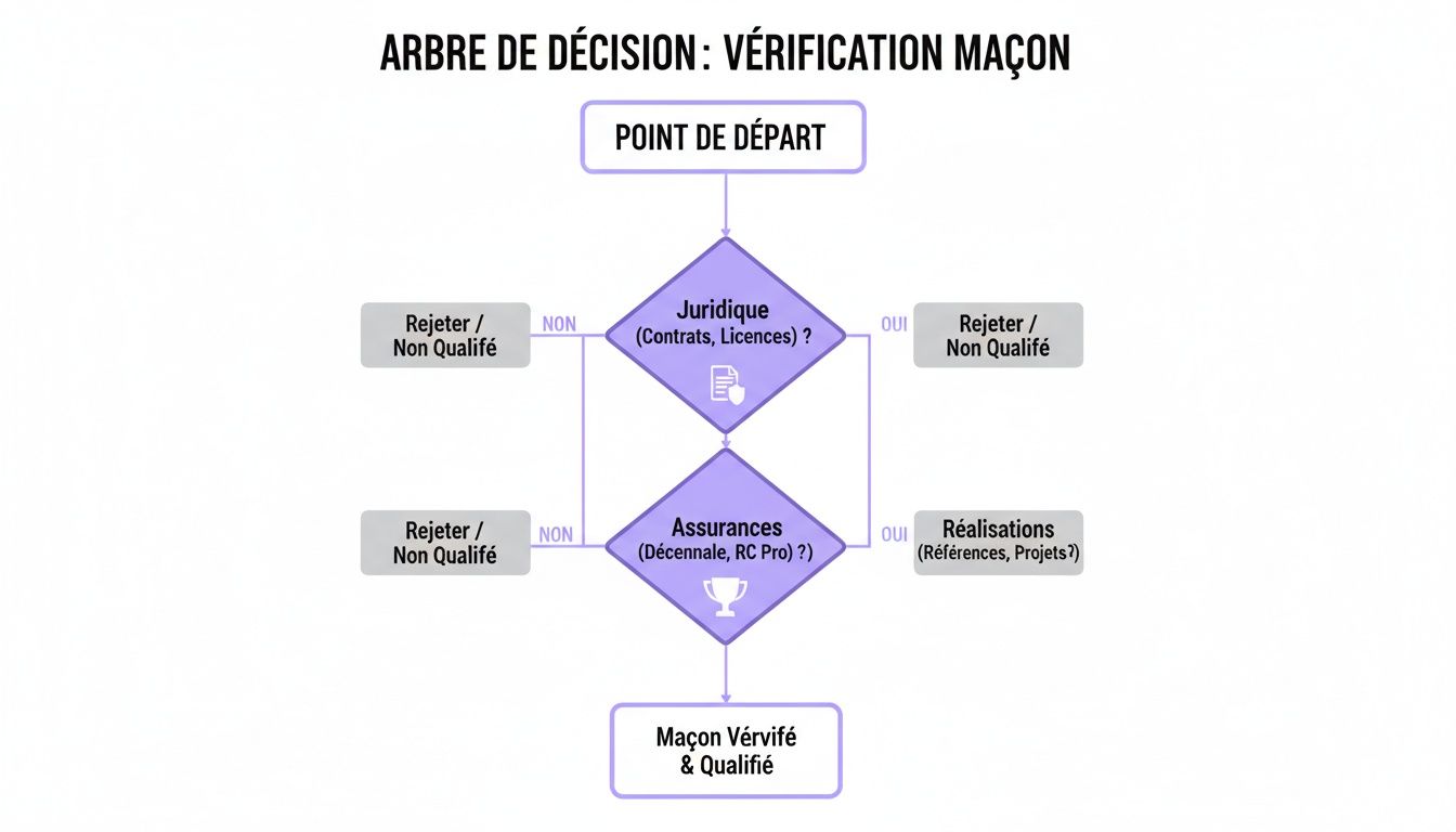 Diagramme de flux pour la vérification d'un maçon, détaillant les étapes légales, assurances et réalisations pour qualification.