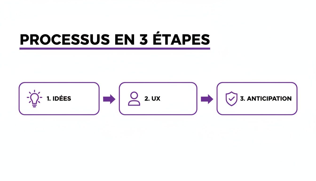 Diagramme illustrant un processus en 3 étapes : Idées (ampoule), UX (utilisateur) et Anticipation (bouclier).