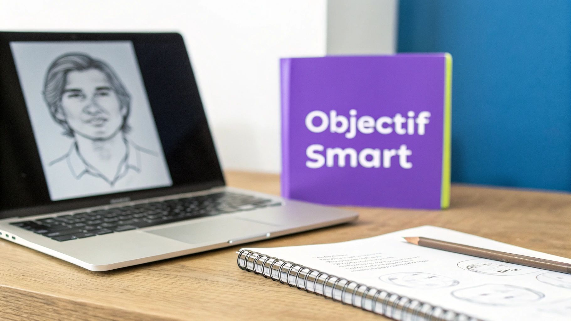 Un ordinateur portable affichant un croquis, un livre 