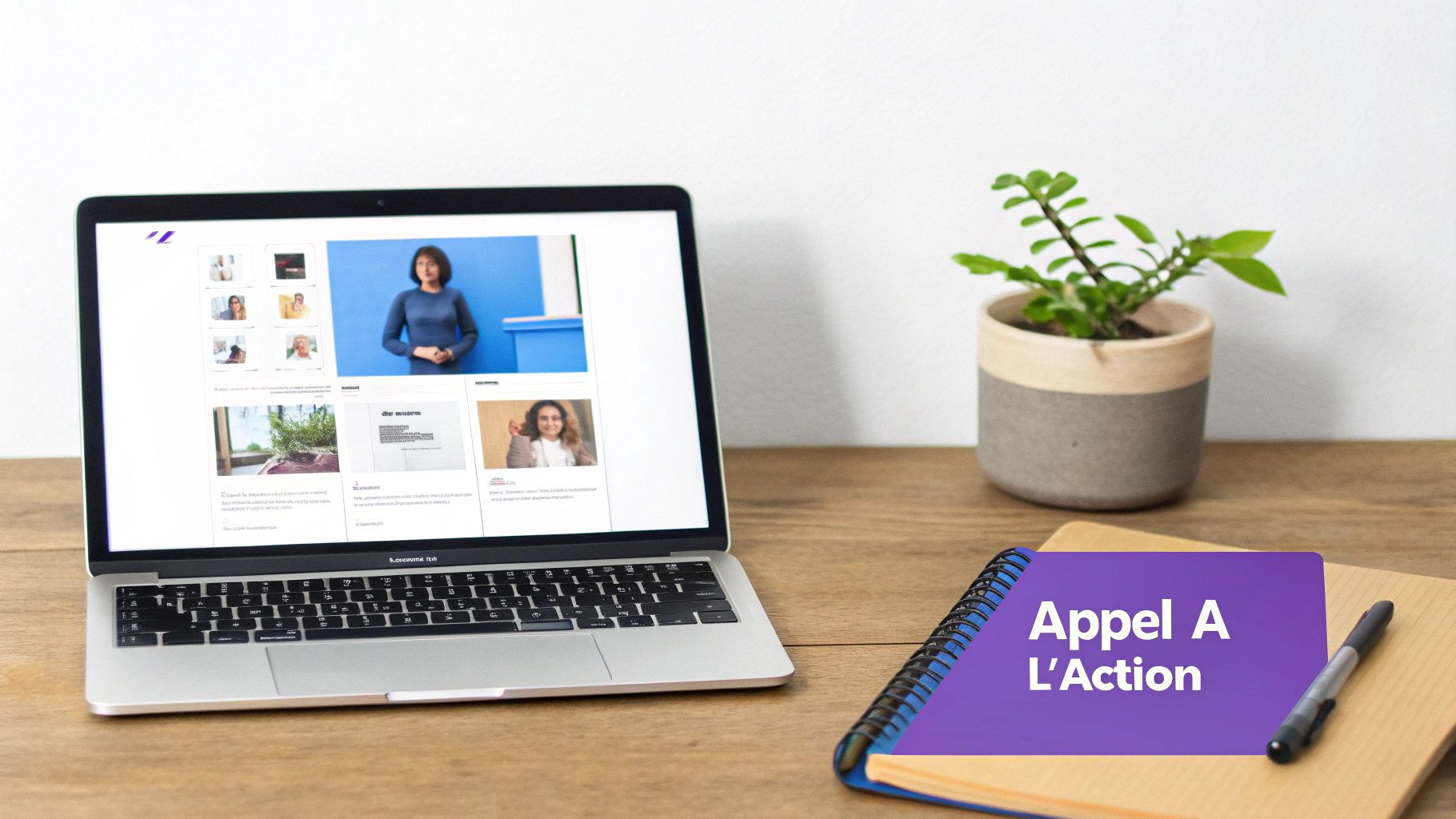 Un espace de travail avec un ordinateur portable affichant des images, une plante et un carnet 