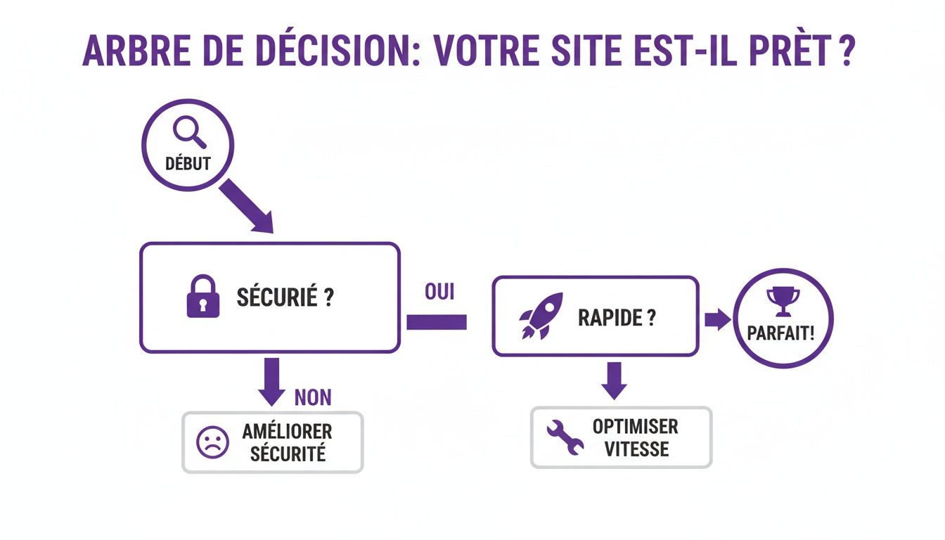Un arbre de décision simple illustrant les étapes pour vérifier si un site web est sécurisé et rapide avant d'être considéré comme prêt.