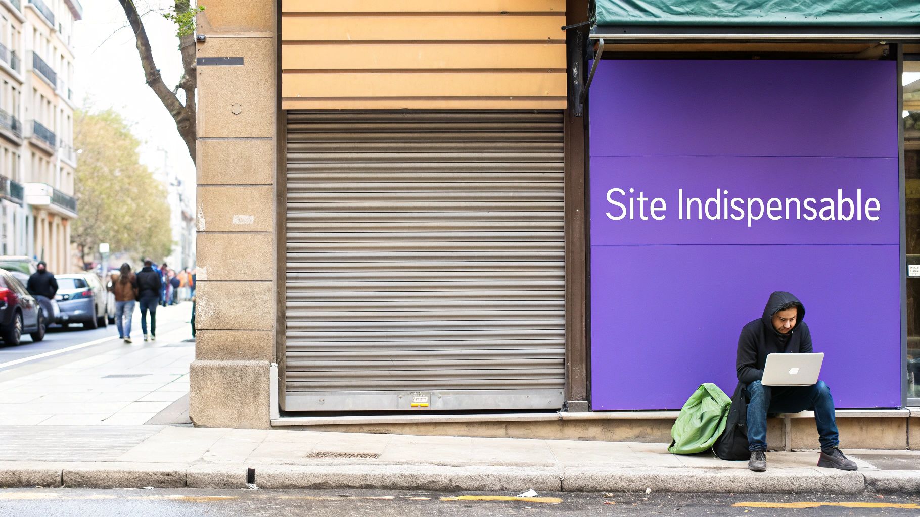 Un homme est assis devant une devanture violette indiquant 'Site Indispensable', utilisant un ordinateur portable en ville.