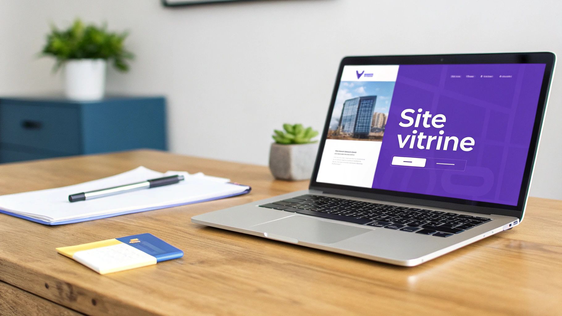 Un ordinateur portable sur un bureau en bois présentant un site web