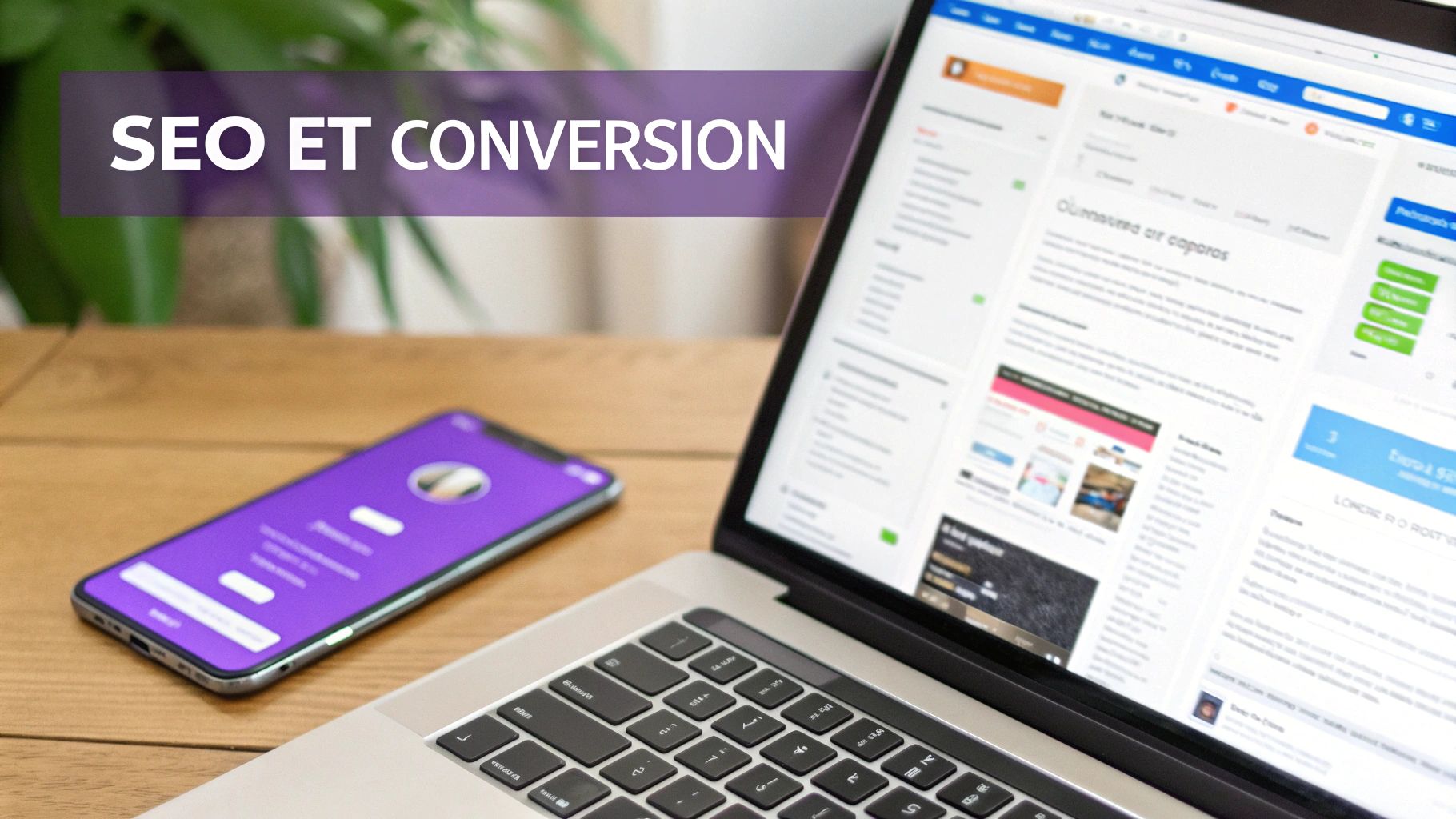 Un ordinateur portable et un smartphone sur un bureau, avec une bannière affichant 'SEO ET CONVERSION', symbolisant le marketing numérique.