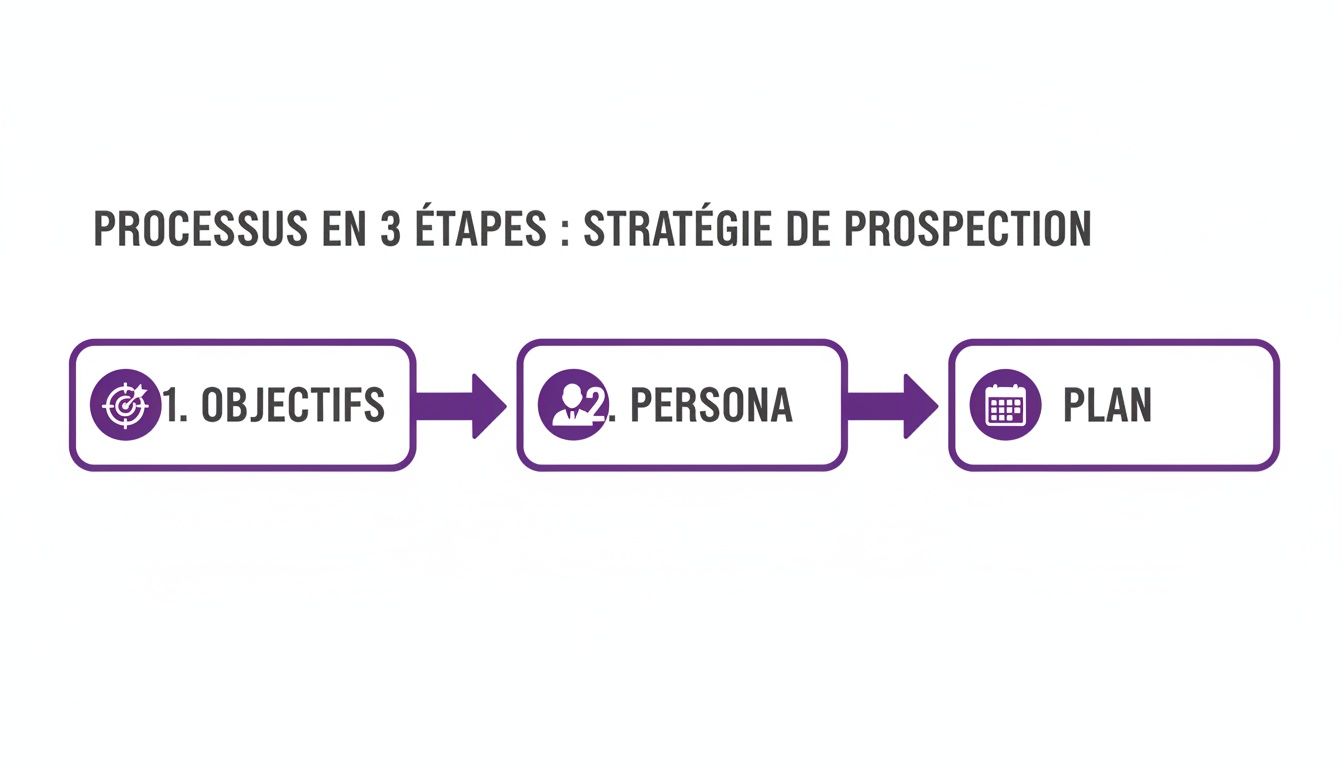 Diagramme visuel illustrant un processus de stratégie de prospection en 3 étapes : Objectifs, Persona, Plan.