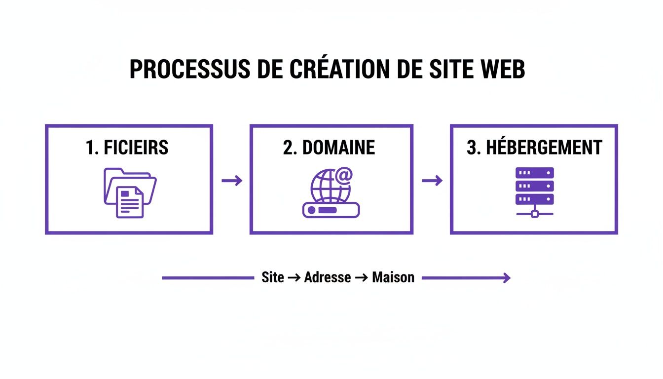 Infographie décrivant les trois étapes clés de la création et du lancement d'un site web : fichiers, domaine et hébergement.