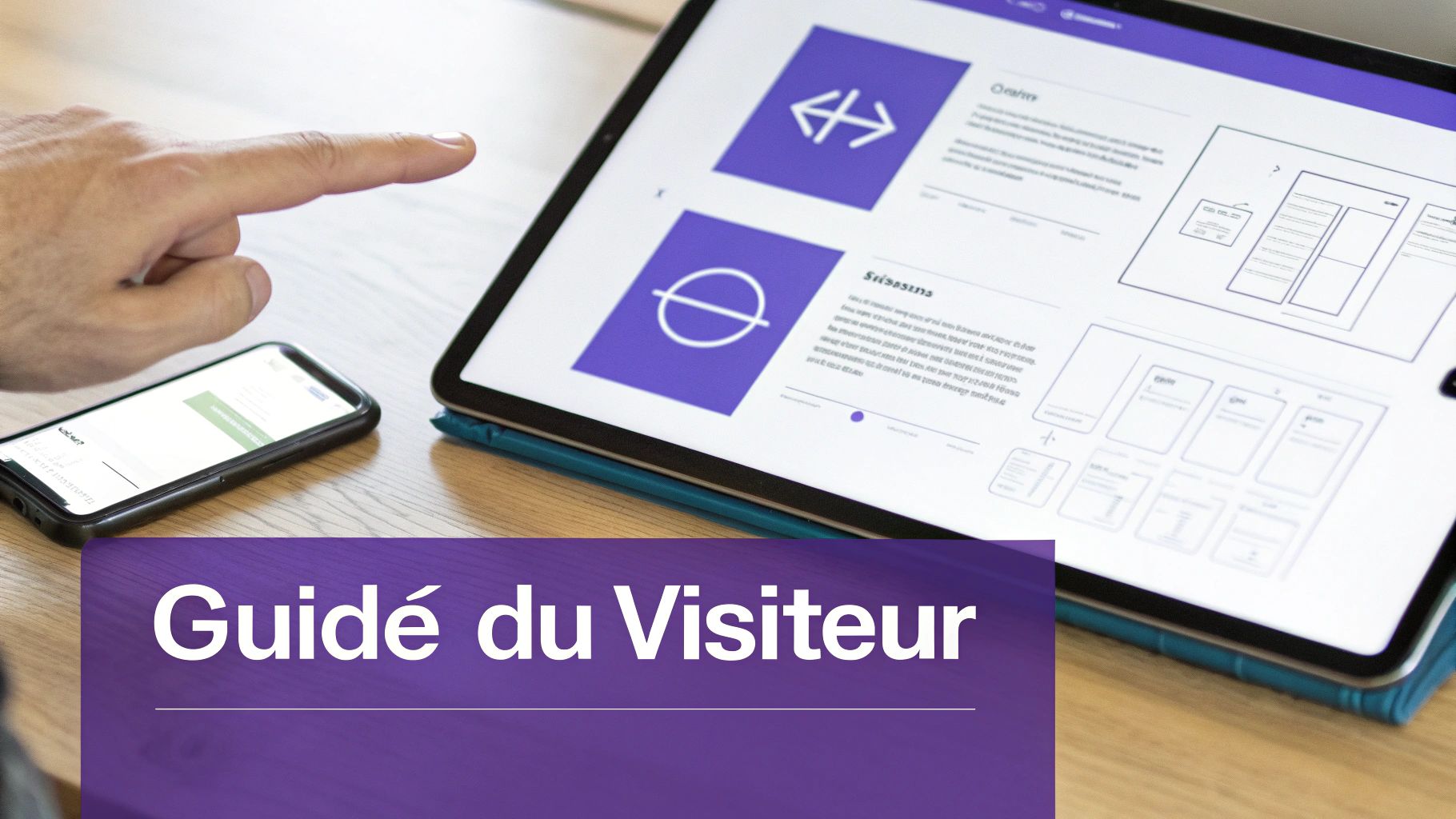 Main pointant vers une tablette affichant une interface utilisateur et un smartphone à côté, avec le titre 'Guide du Visiteur'.