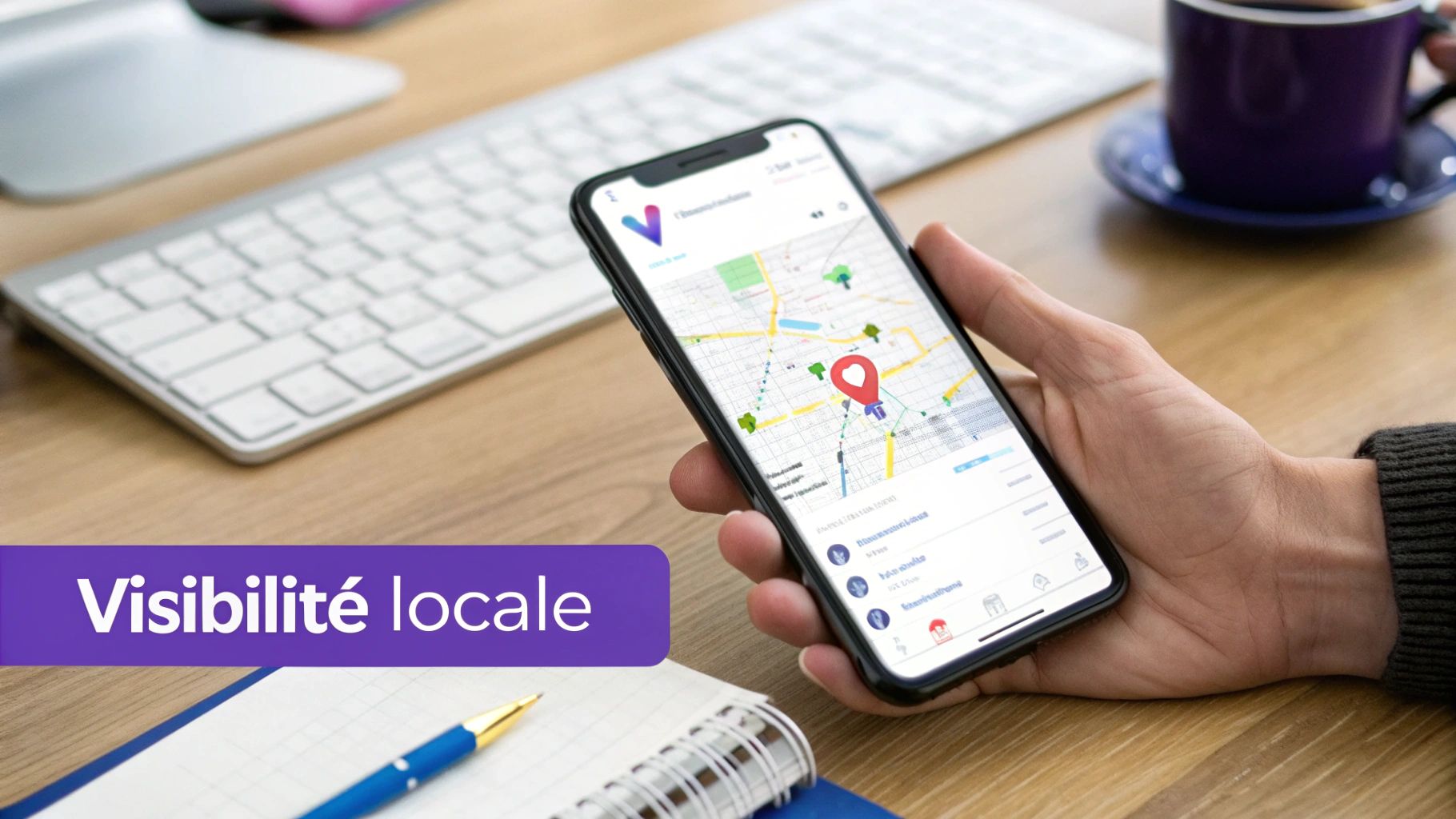 Smartphone affichant une carte avec une épingle de localisation, symbolisant la visibilité locale pour les entreprises.