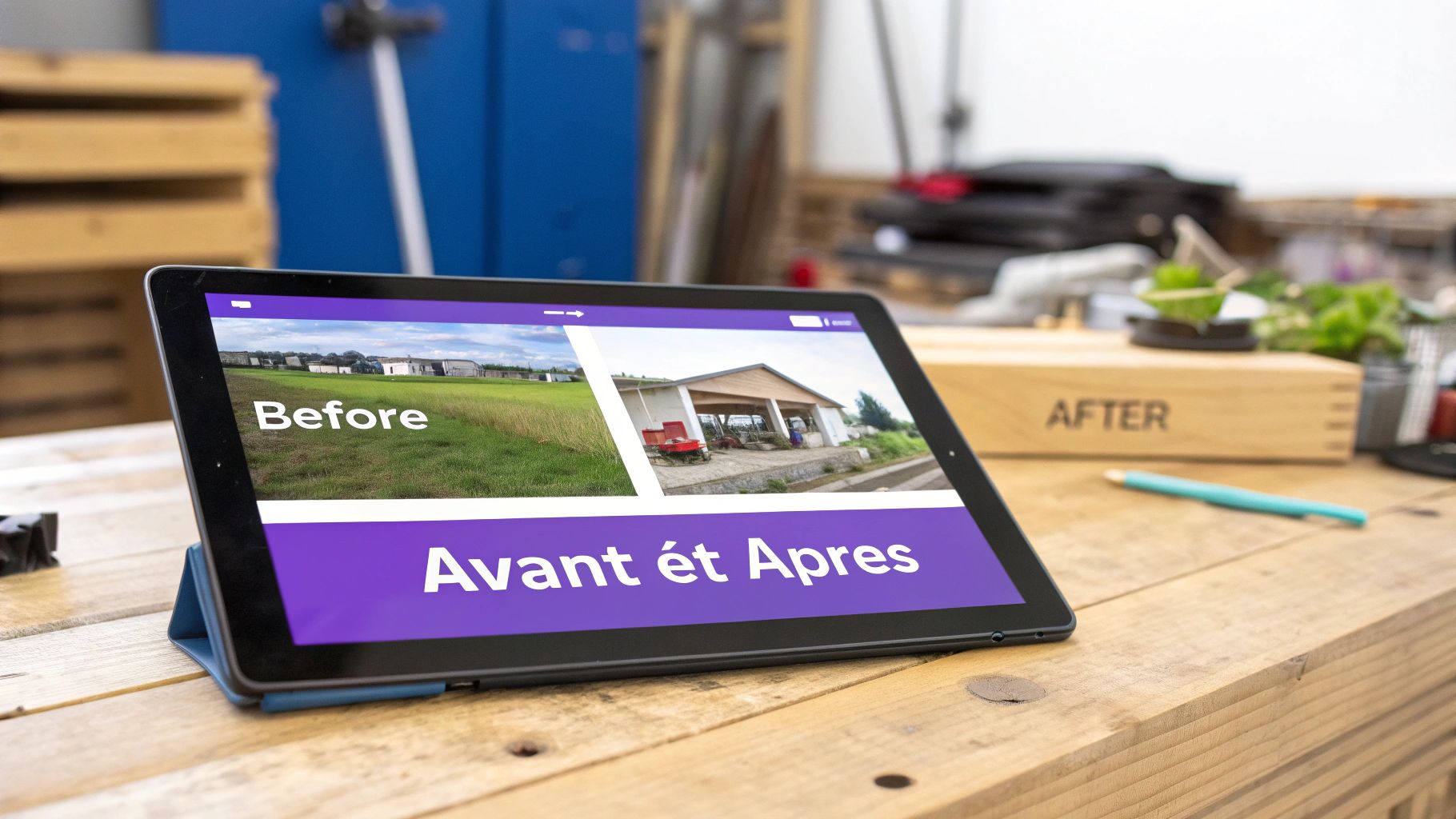 Une tablette sur une table en bois montre la transformation d'un site avec des photos 'Avant et Après'.