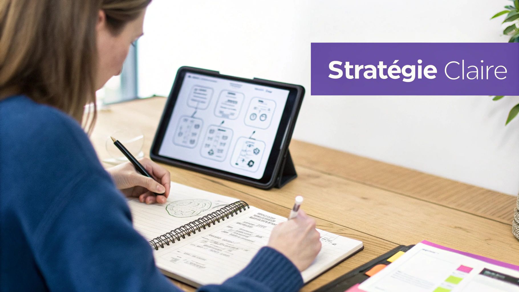Femme travaillant à un bureau, prenant des notes dans un carnet, avec une tablette affichant un diagramme de stratégie.