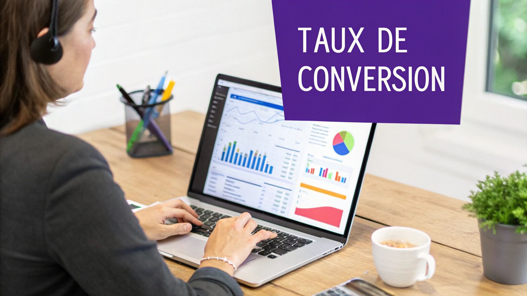 Une femme travaille sur un ordinateur portable avec des graphiques d'analyse de données et le titre 'TAUX DE CONVERSION'.